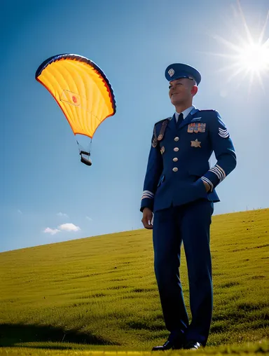 Air Force Boy with Toy Parachute on Hill