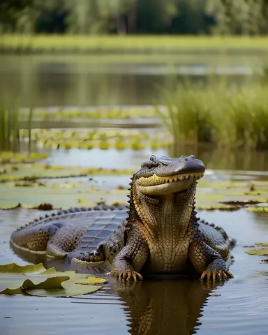 Alligators Bask in Muddy Swamp Bank Surrounded Water Lilies