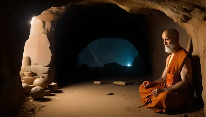 Ancient AI Monk in Mysterious Cave Sanctuary