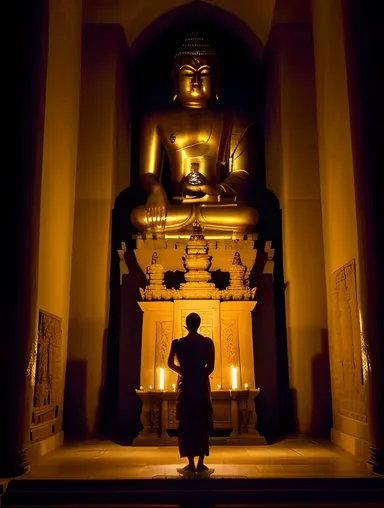 Ancient Buddha Statue with Monk in Temple
