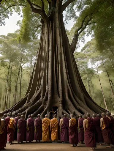 Ancient Tree with Buddhist Monks and Carvings