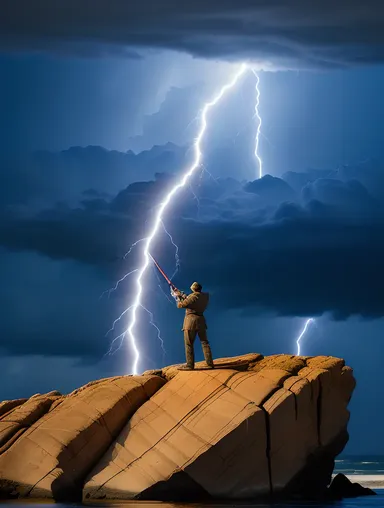 Angel Blows Trumpet on Rocky Cliff Stormy Sea