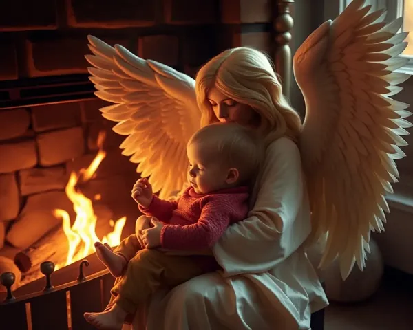 Angel Holding Child by Cozy Fireplace