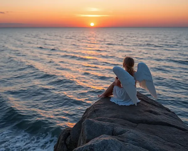 Angel Overlooking Vast Ocean at Sunset