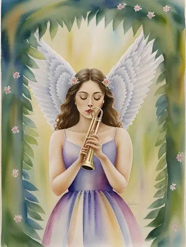 Angel Plays Trumpet Surrounded by Flowers and Vines