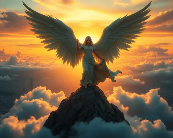 Angel on Mountain of Clouds with Cityscape Sunset