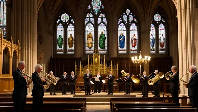 Angels Play Trumpets in Grand Cathedral with Stained Glass