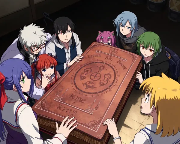 Anime Characters Gather Around Ancient-Looking Book with Runes