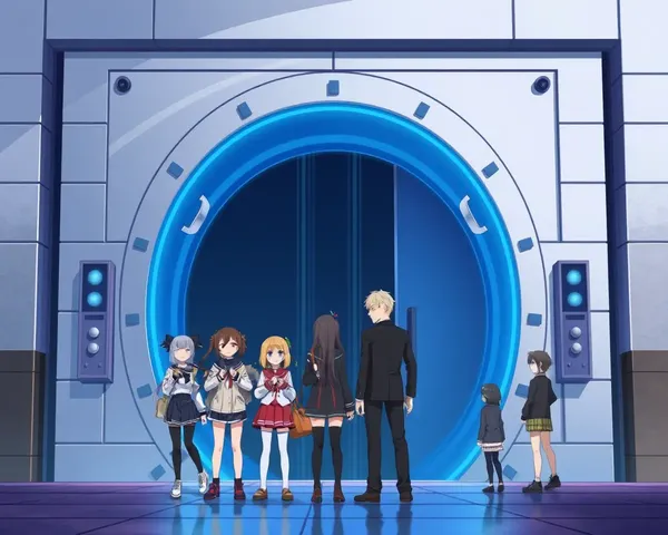 Anime Characters Stand Before Glowing Blue Door in Anime World