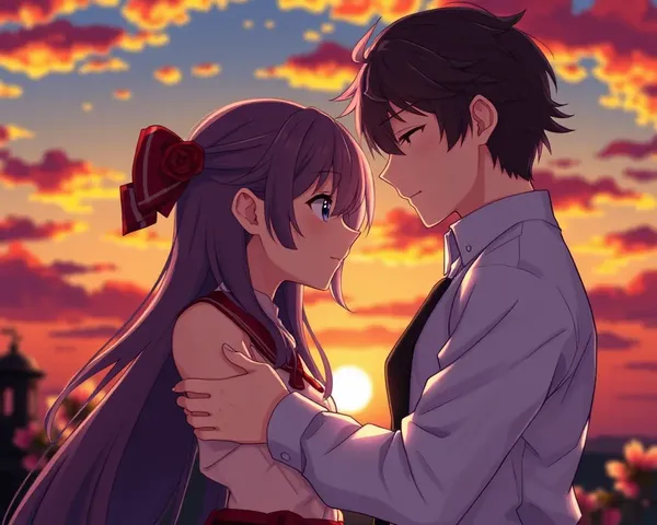 Anime Couple Embracing in Sunset 4K Wallpaper