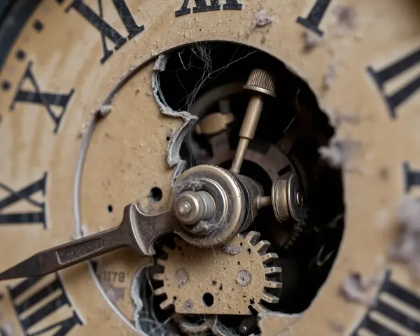 Antique Clock's Vestige of Broken Mechanism with Dust and Cobwebs