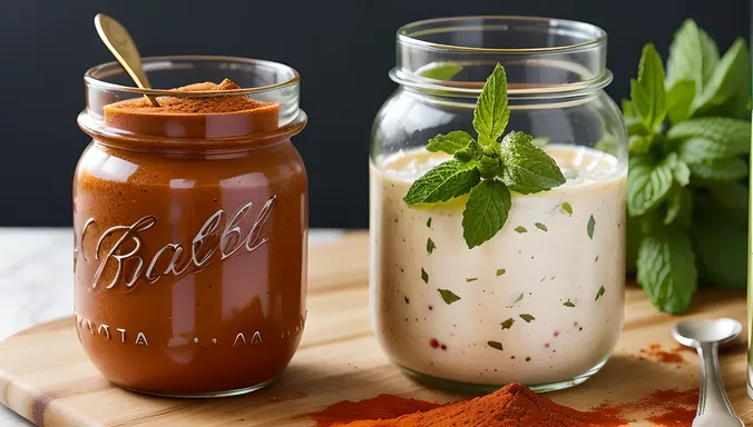 Artistic Raita in Glass Jar with Paprika and Mint Images HD