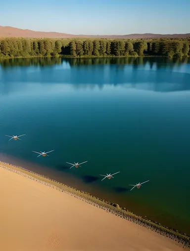 Aseel Birds Flying in Formation Over Serene Lake.