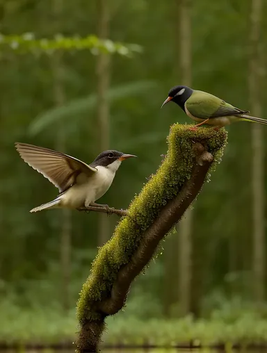 Aseel Birds Foraging for Food in Lush Forest.