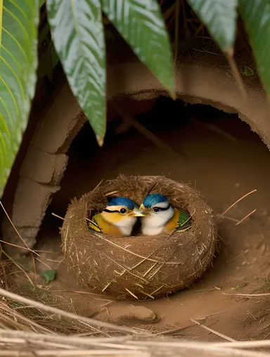 Aseel Birds Nesting in Cozy Burrow with Chirping Sounds.