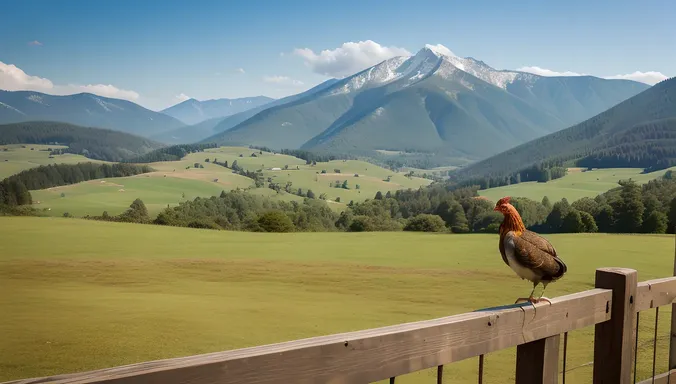 Aseel Hen Perched on Rustic Fence Gazing at Serene Landscape