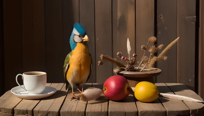 Aseel Plumage Arranged on Vintage Wooden Table with Props