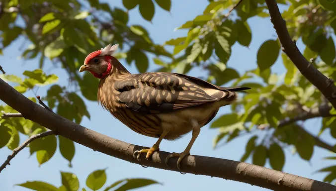 Aseel Roosts on Towering Tree Branch with Rustling Leaves