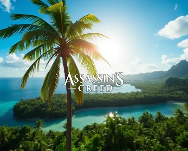 Assassin's Creed 4K Wallpaper: Assassin's Creed Logo on Palm Tree in Lush Caribbean Landscape