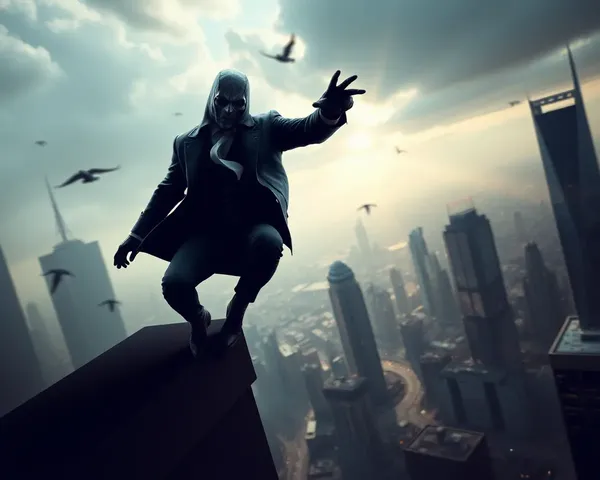 Assassin Jumps Off Building Cityscape Background