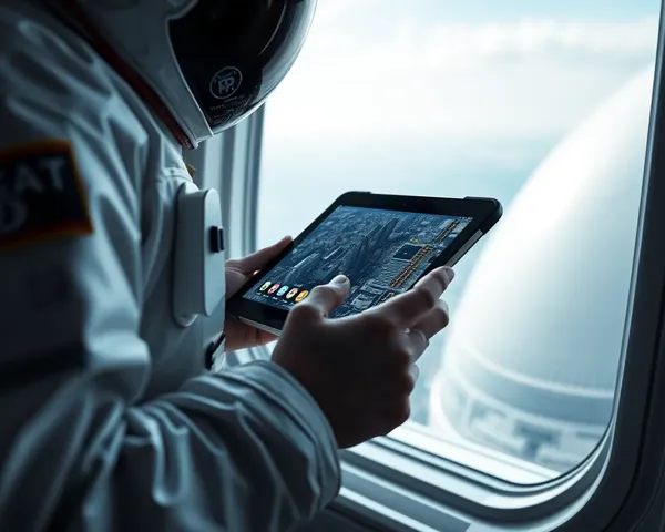 Astronaut Holding Tablet with Futuristic Cityscape Wallpaper