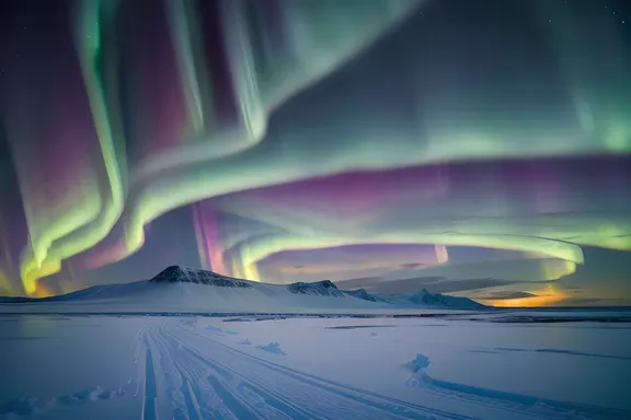 Aurora Borealis Dances Above Frozen Tundra Sky