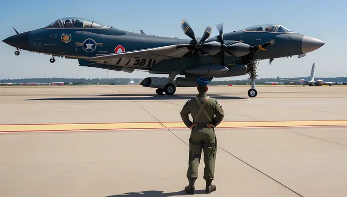 Awe-Inspired Air Force Boy Watching Giant Plane Takeoff