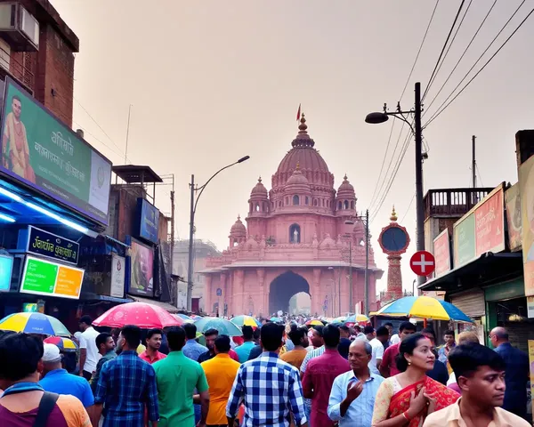 Ayodhya City's Vibrant Street Life with Ram Mandir Background