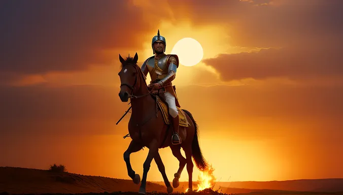 Bajirao I Riding into Battle with Sunset Background