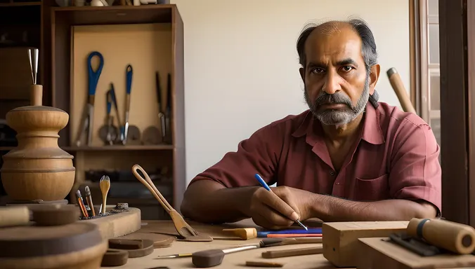 Bansi Artist in Focus, Surrounded by Creative Tools