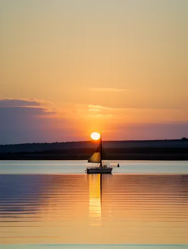 Bava Lake Sunset Sailboat Golden Hues Warm Glow
