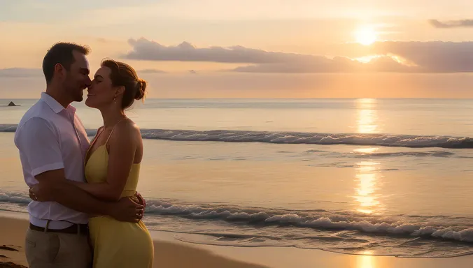 Beachside Sunset Hug with Romantic Golden Light Glow