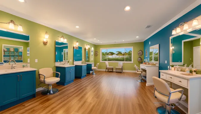 Beachy Ladies Salon with Surfboards and Colorful Decor