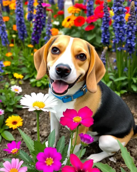 Beagle Sniffs Flower in Colorful Garden Joyfully