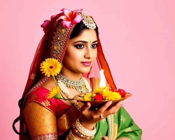 Beautiful Bengali Woman Holding Puja Thali and Flowers