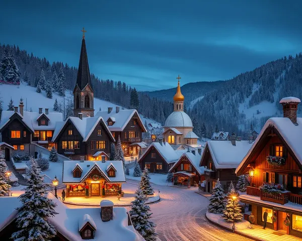 Beautiful Christmas Village Scene at Night with Snowy Houses