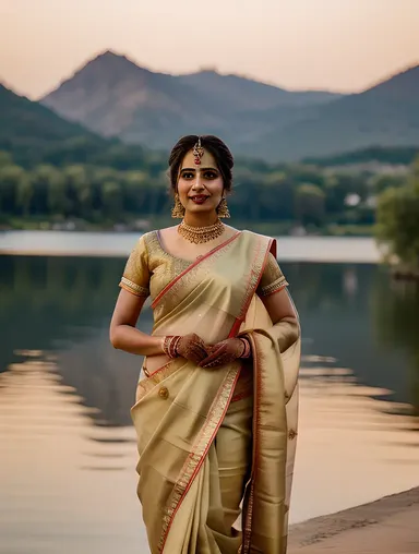 Beautiful Dulhan in Golden Saree by Lake at Sunset
