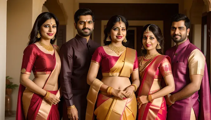 Beautiful Indian Bhabhi in Red and Gold Saree with Husband and In-Laws