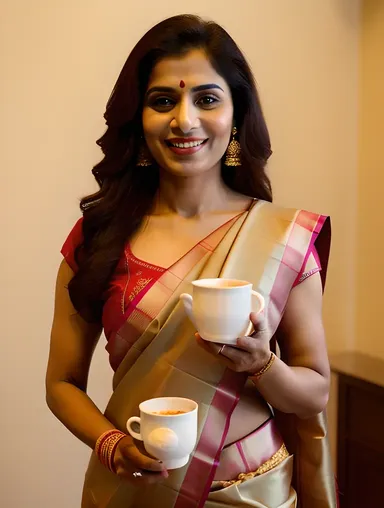Beautiful Indian Bhabhi in Traditional Saree with Chai