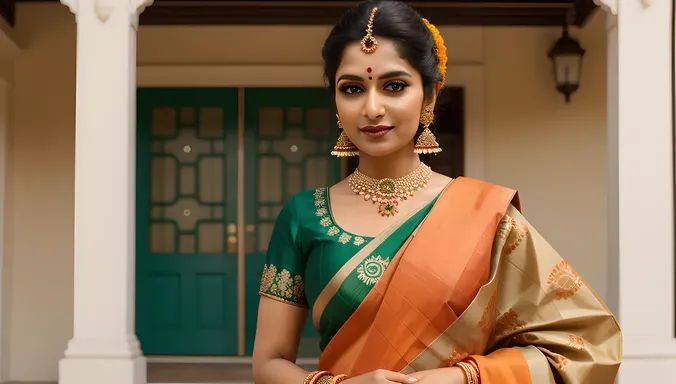 Beautiful Indian Bhabhi in Vibrant Orange and Green Saree