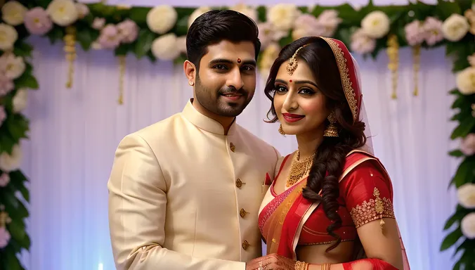 Beautiful Indian Bhabhi in White and Gold Saree on Wedding Day