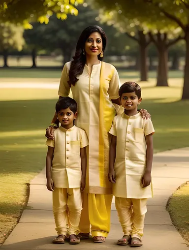 Beautiful Indian Bhabhi in Yellow Salwar Kameez with Children