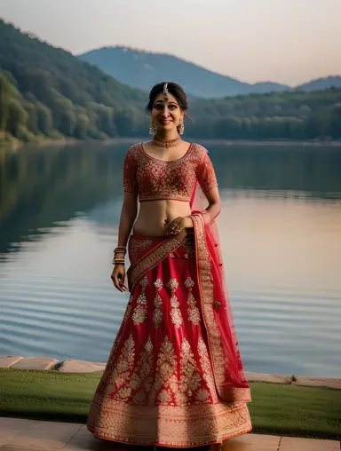 Beautiful Indian Bride in Red Lehenga with Lake and Sunset