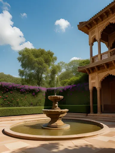 Beautiful Kushti-Inspired Fountain in Indian Courtyard with Greenery.