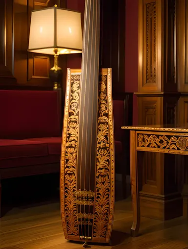 Beautifully Crafted Sarangi Instrument on Ornate Table