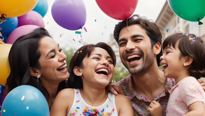 Beauty Aunty Laughs with Grandkids Amidst Colorful Confetti