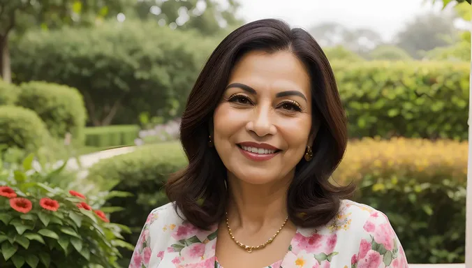 Beauty Aunty Surrounded by Lush Greenery and Vibrant Flowers