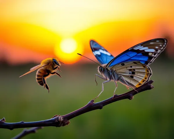 Bee and Butterfly Admire Vibrant Sunset Colors