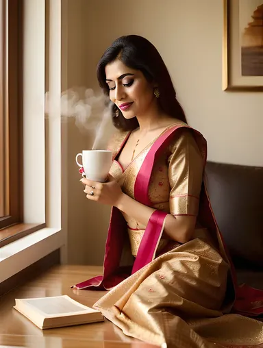 Bhabhi with Coffee and Book in Traditional Outfit