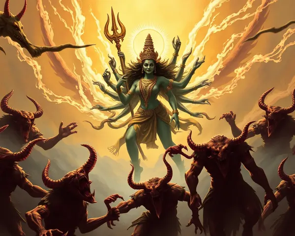 Bhadrakali Wielding Trident Amidst Fleeing Demons